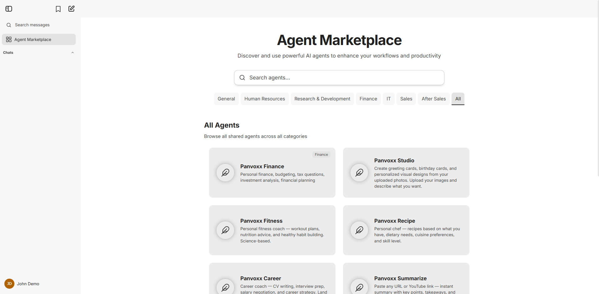 Panvoxx Agent Marketplace with 21 specialist AI agents