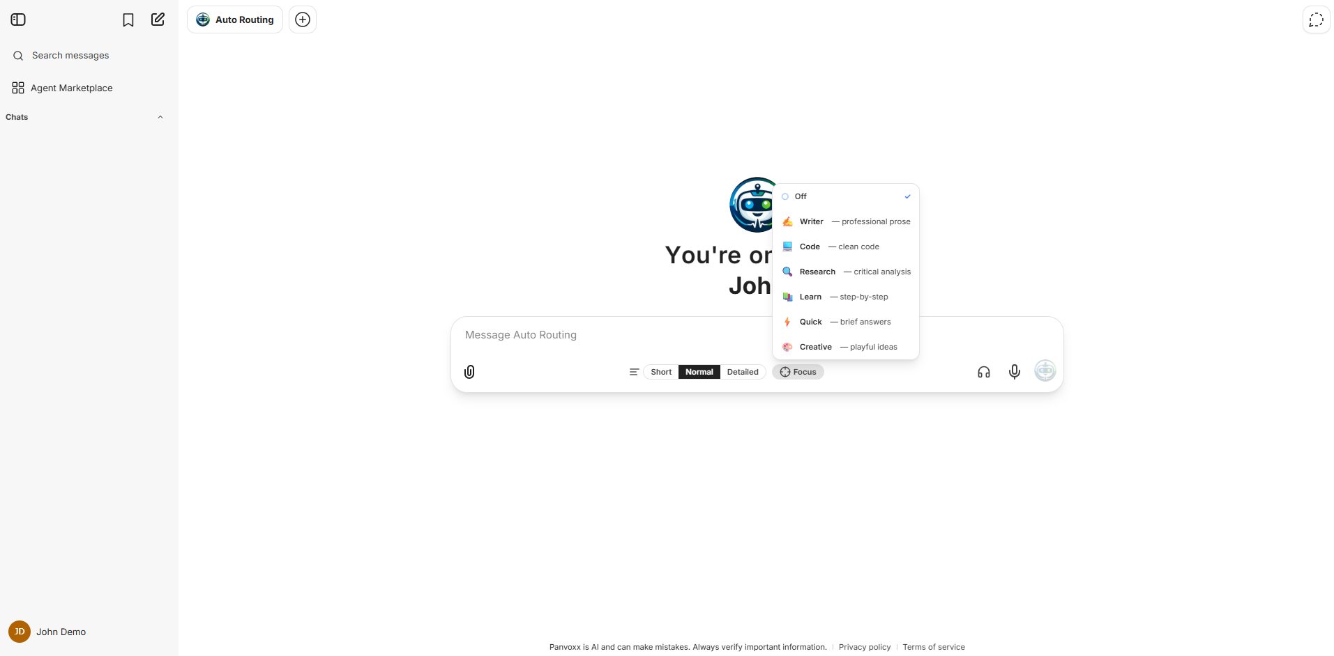 Panvoxx Focus Modes — Writer, Code, Research, Learn, Quick, Creative