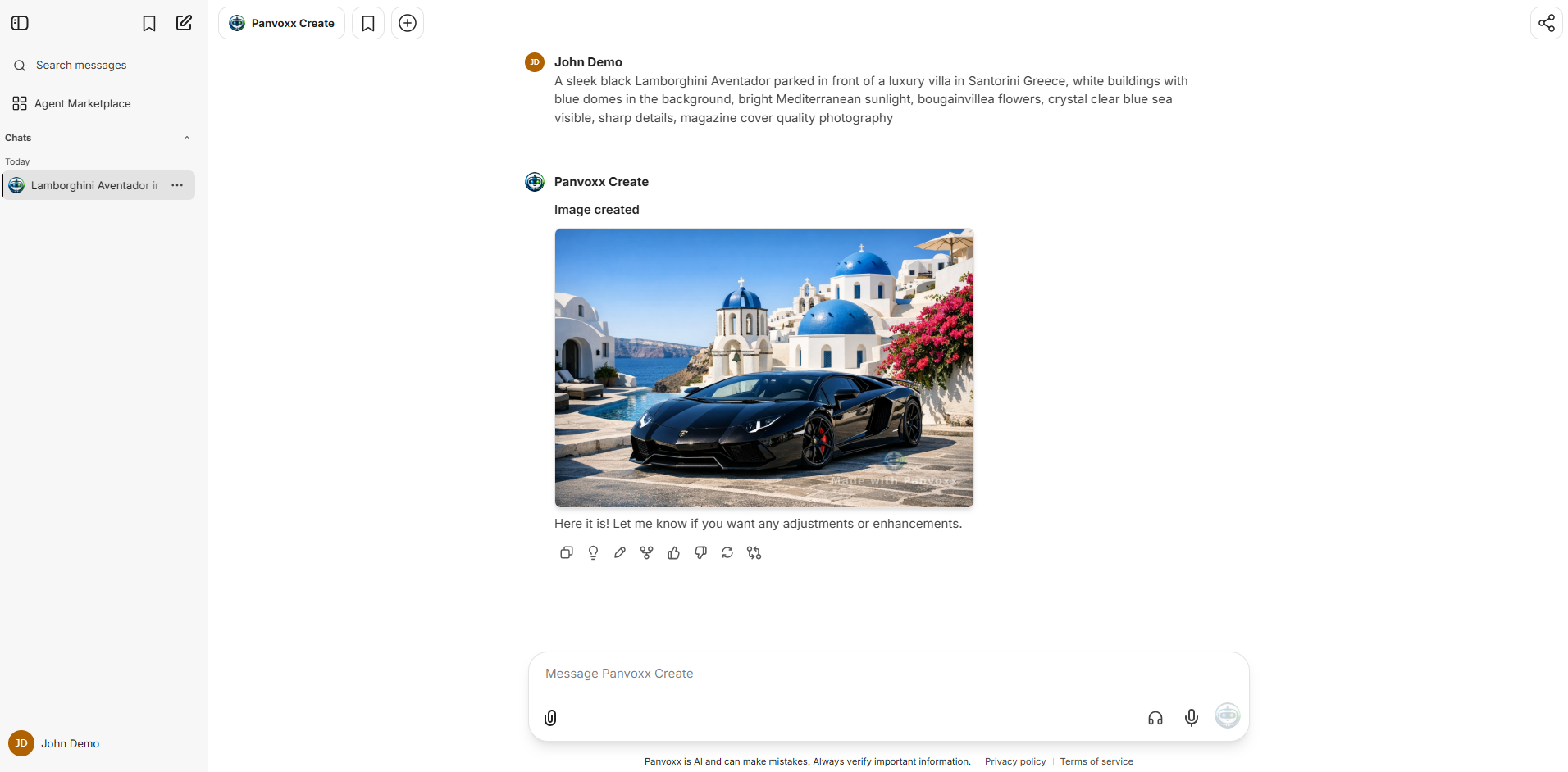 Panvoxx Create — AI image generation of a Lamborghini in Santorini