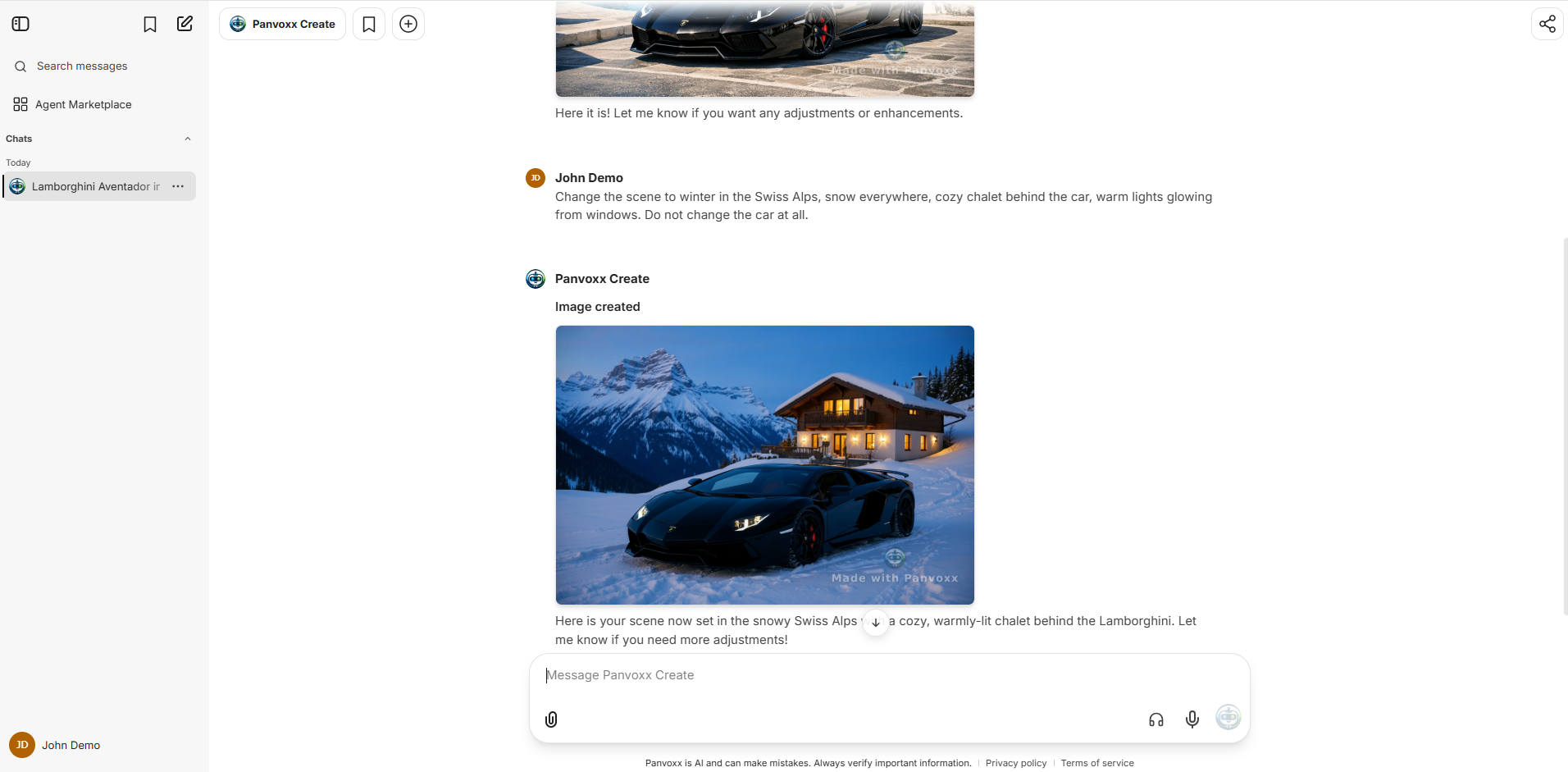 Panvoxx Create — AI image editing, same car moved to Swiss Alps winter scene