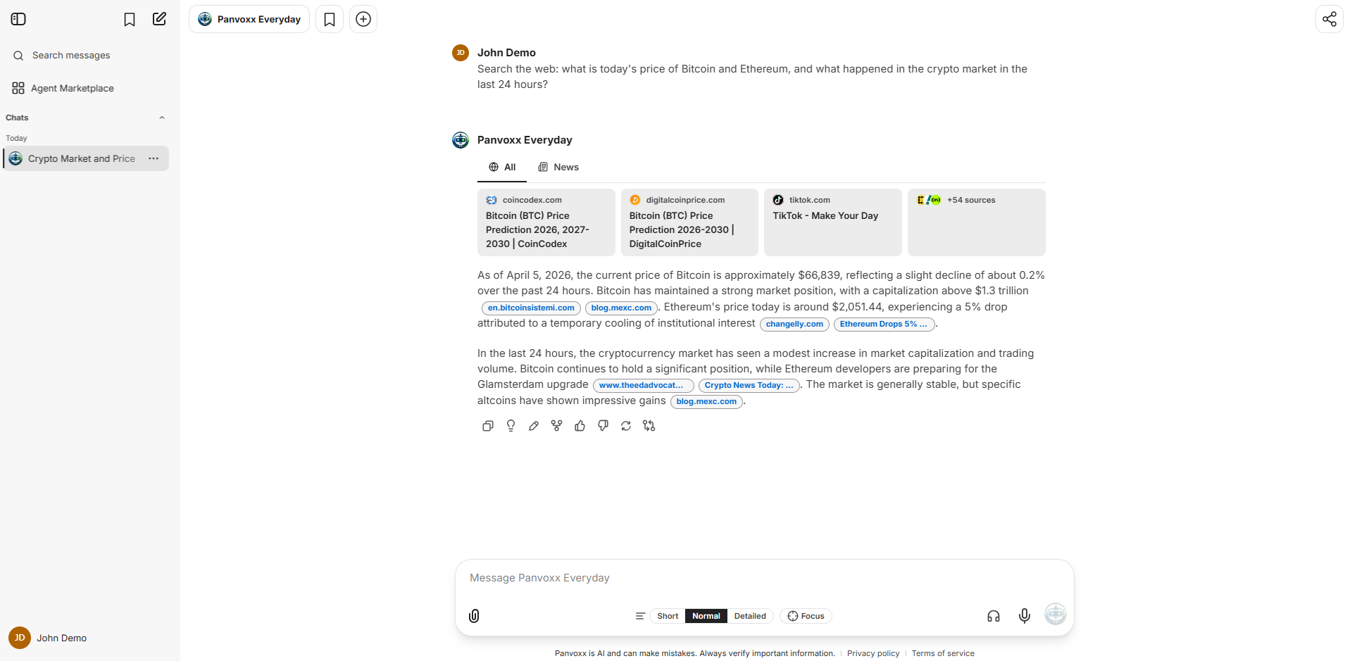 Panvoxx live web search with Bitcoin and Ethereum prices and sources