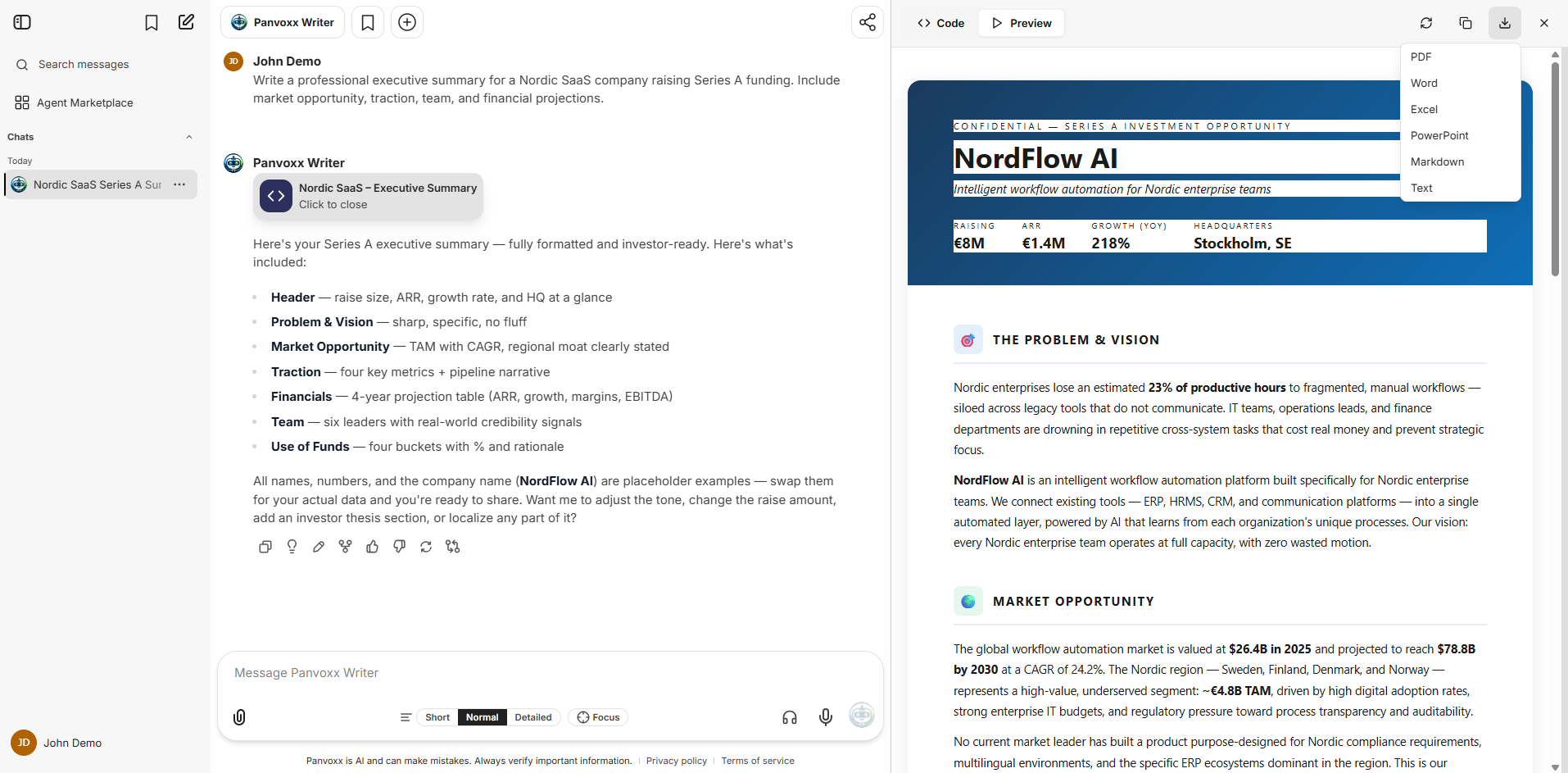 Panvoxx Writer creating a professional executive summary with live preview and export menu